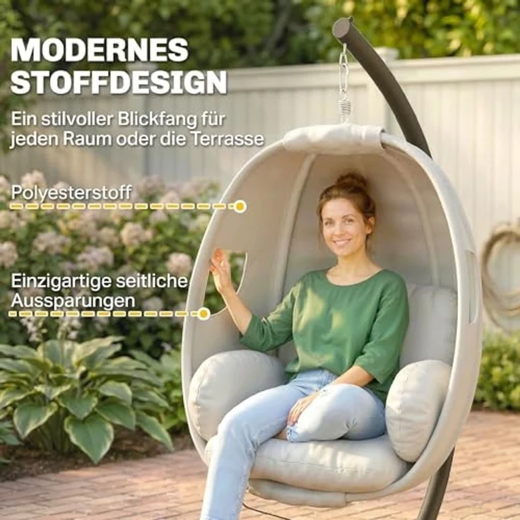 Outsunny Hängesessel mit dick Sitzpolstern, verstellbarer Höhe, Sicherheitsgurt (Eiförmiger Hängeschaukel, 1-St, faltbar Hängekorb), für Indoor Outdoor Garten Hellgrau – Bild 3