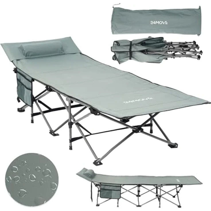 24Move Regal Feldbett, Gartenliege, Campingbett bis 150 kg, klappbar, zelten, grau, wasserabweisend, inkl. Seitentasche – Bild 2