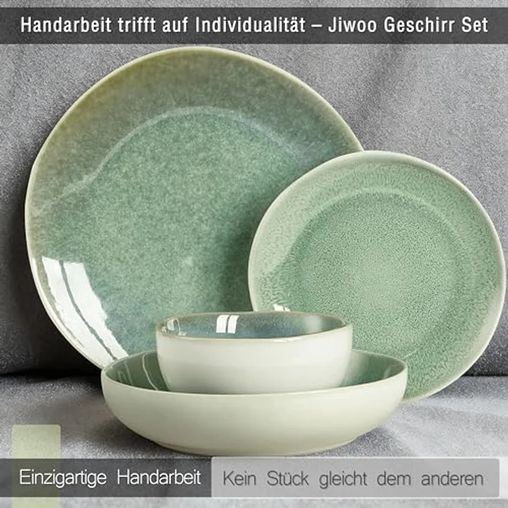 JIWOO Geschirr-Set 16er Kombiservice Teller-Set Tafelservice Schüssel-Set Speiseteller (16-tlg), 4 Personen, Keramik, Hochwertiges Geschirr set Grün Mikrowellen spülmaschinenfest – Bild 4
