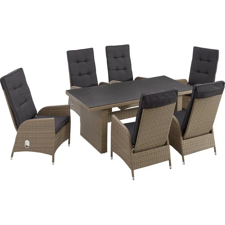 KONIFERA Garten-Essgruppe Brisbane, (Set, 13-tlg, 6 Sessel, Rückenlehne verstellbar, inkl. Auflagen, Tisch 92x192x74 cm), Aluminium/Polyrattan, Tischplatte aus Stone-Spray-Glas in Steinoptik