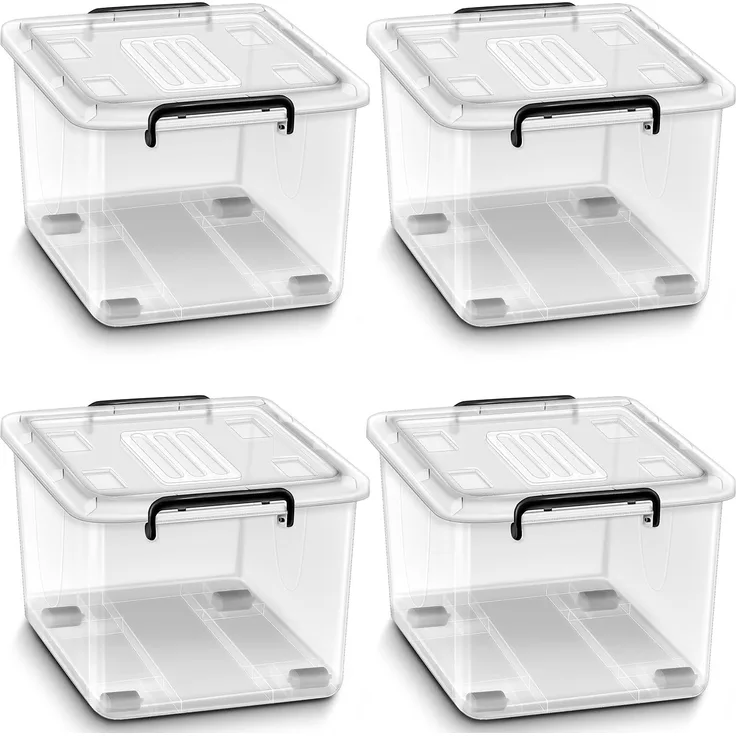tillvex® Aufbewahrungsboxen mit Deckel 4er Set - 13L, lebensmittelecht | Kunststoff Boxen Set stapelbar | Aufbewahrung Ordnungssystem Box groß | Aufbewahrungsbox Kleiderboxen transparent 100% Neumaterial