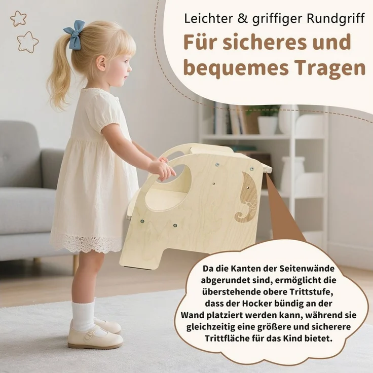 OSTWOLKE Tritthocker mit 2 Stufen Holzhocker für Kinder Montessori Hocker (1 St), Kindertreppchen Schemel für Bad, Küche, Kinderzimmer ab 2 Jahre – Bild 2