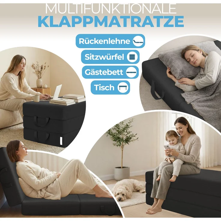 Klappmatratze 90x200 cm, 75x195 cm, Bestschlaf, 15 cm hoch, waschbar, versch. Größen & Farben, geeignet für Hausstauballergiker – Bild 3