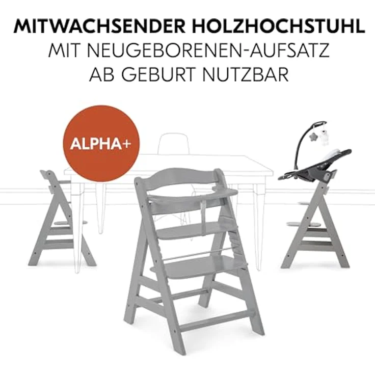 Hauck Alpha Plus Grau Newborn Set Deluxe - Baby Holz Hochstuhl ab Geburt mit Liegefunktion - inkl. Aufsatz für Neugeborene & Sitzpolster - mitwachsend, verstellbar - Grau – Bild 4