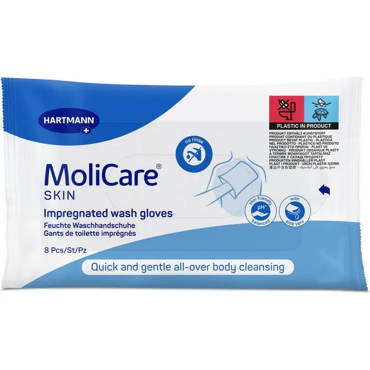 DocMed Einmal-Waschhandschuh MoliCare Skin feuchte Waschhandschuhe (8 Stck) (Hygienische Einmalverwendung 8-St. Hautneutraler pH-Wert), Besonders weiches Vliesmaterial für angenehme Anwendung
