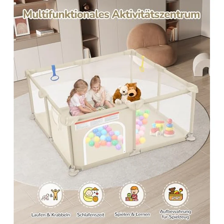 Dripex Laufstall Baby 124x124 cm, Laufgitter Baby, Laufstall mit atmungsaktivem Netz, Laufgitter 210D Oxford Gewebe, Playpen, kinderlaufstall, Braun – Bild 6