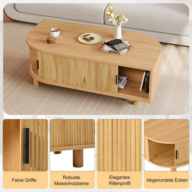 Couchtisch B 100 x T 50 x H 35 cm mit 2 Rolltüren und Stauraum, MDF und Spanplatte – Bild 6