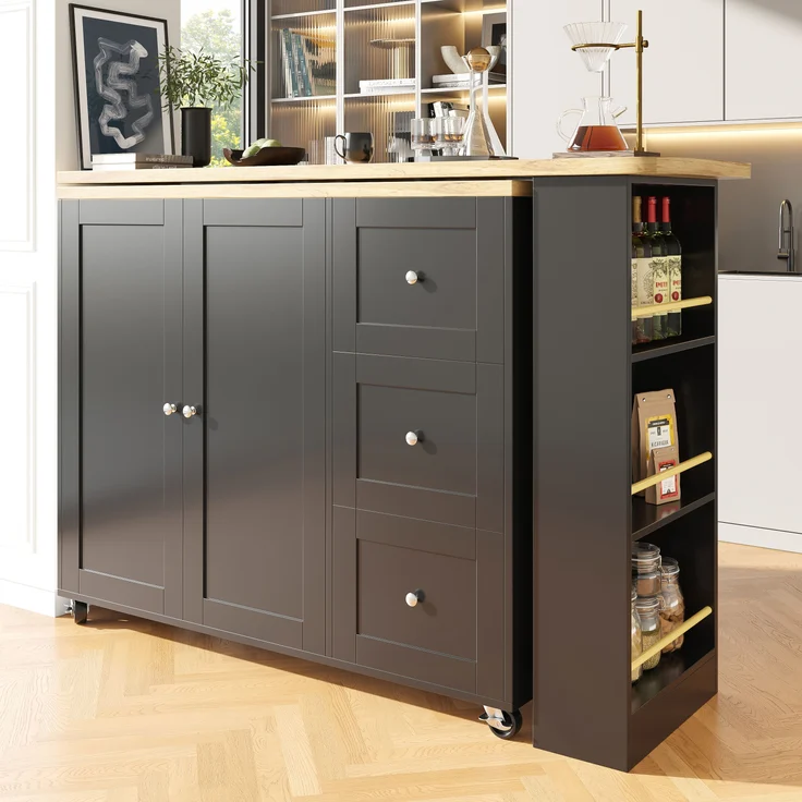 Bartischschrank Schwarz Küchentisch 360° drehbar mit Rollen, Klapptisch Sideboard mit Regalen, aus MDF modern mit Metallgriffen – Bild 3