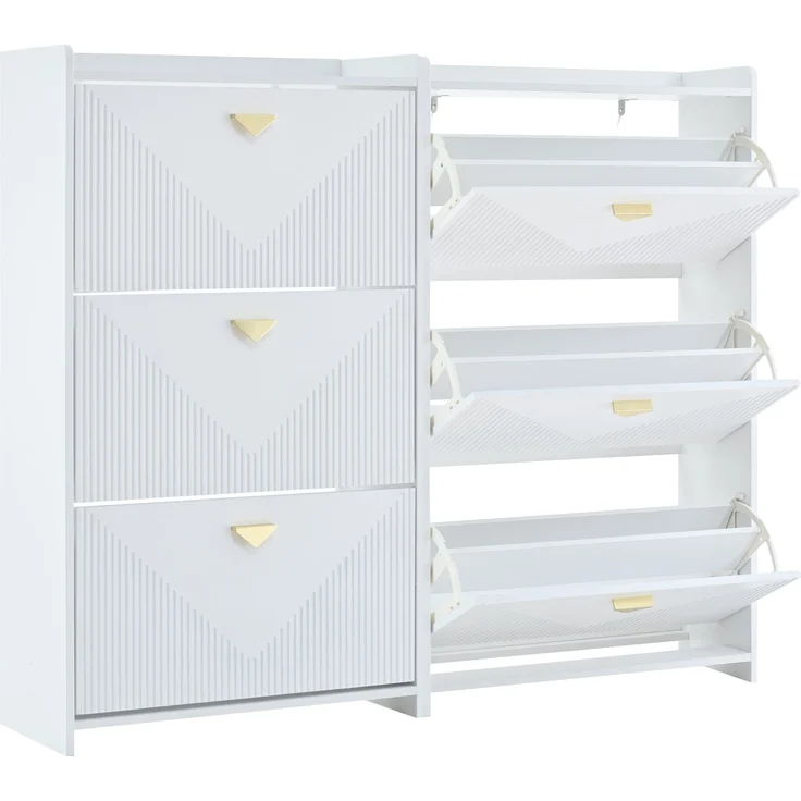 Schuhschrank Set 2-teilig 140x30x120 cm Weiß 3 Klapptüren verstellbare Trennwände gold Griffe – Bild 8