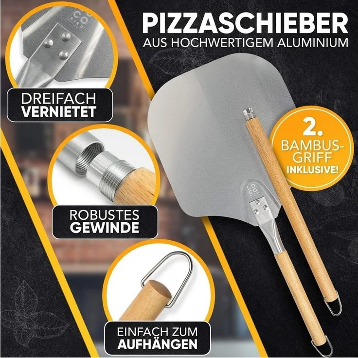 Loco Bird Pizzastein für Backofen & Gasgrill, rechteckig aus Cordierit, Cordierit, (Set, 3-St, inkl. Pizzaschieber und Rezeptbuch), für eine Pizza wie in Italien: authentischer Geschmack für Zuhause – Bild 3