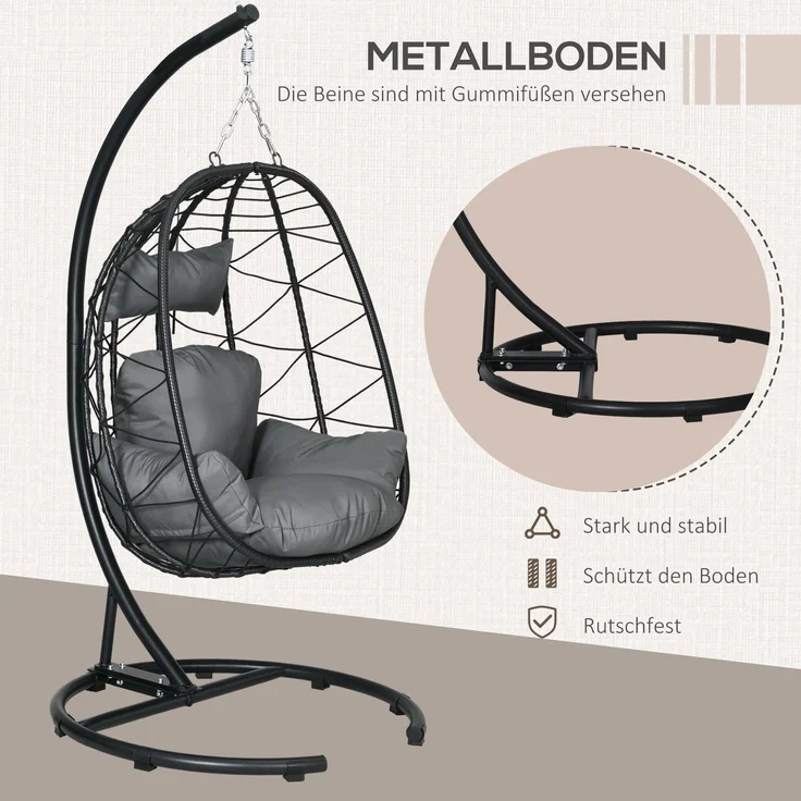 Hängesessel Rattan Hängestuhl 195 cm hoch mit Gestell Kissen und wasserdichter Abdeckung für Garten und Indoor bis 150 kg--Schwarz--102x102x195cm--YOUDENOVA – Bild 5