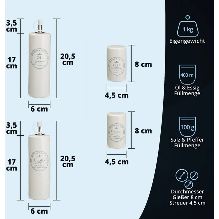 KHG Vorratsdose Menage Set 5-teilig aus Holz & Steinzeug für Essig Öl Salz Pfeffer, Steingut, Gewürz- und Öl/Essig-Set zur stilvollen Tisch- und Küchenpräsentation – Bild 2
