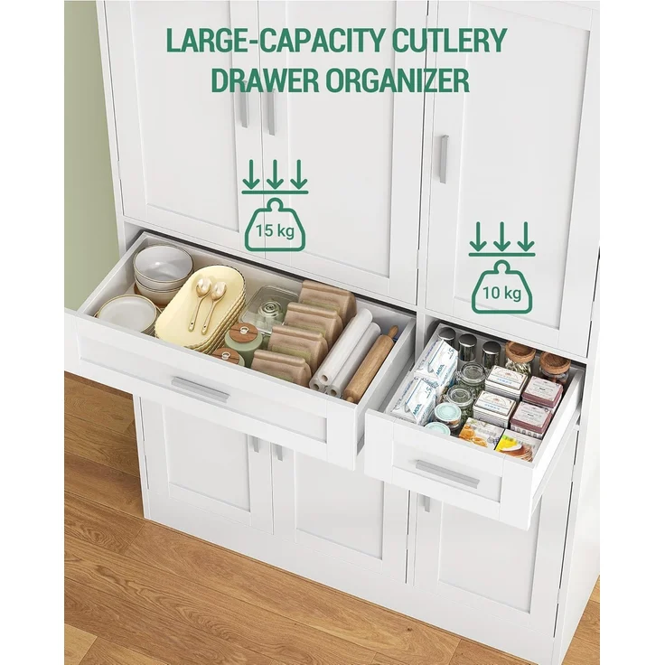 Buffetschrank, Küchenschrank mit 9-stufigem Türrückseiten-Regalsystem, Sideboard mit 6 Türen und 2 Großer Schublade, Modern Stil, Küche, Wohnzimmer, 40 x 92 x 180 cm, Weiß – Bild 7