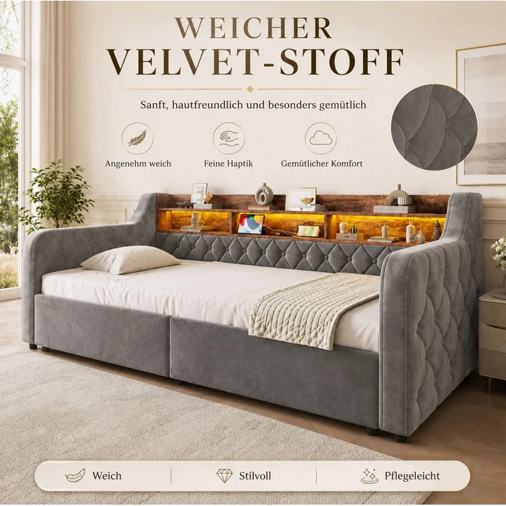 Polsterbett 90x190 cm in Dunkelgrau mit LED, Ablage und 2 Schubladen – Ohne Matratze – Bild 8