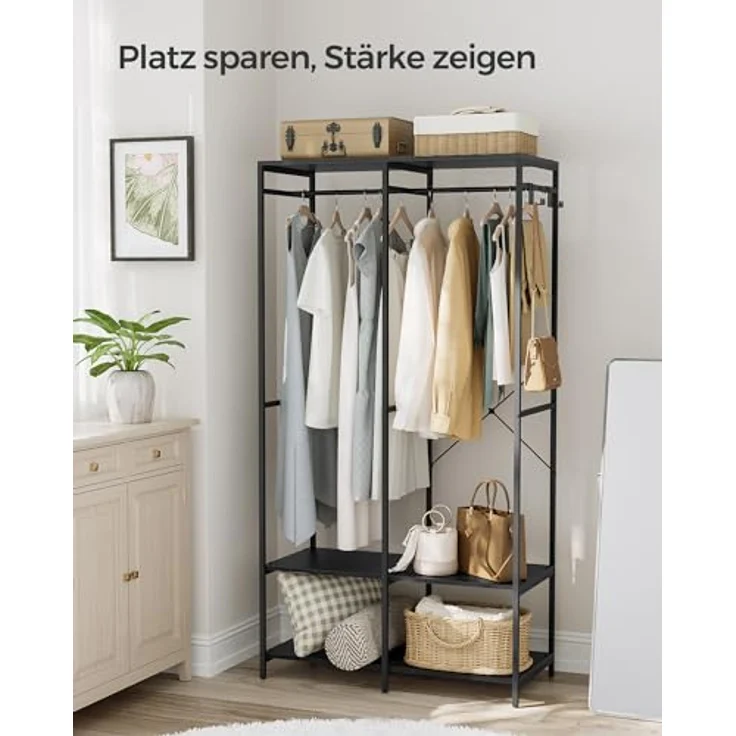 SONGMICS Kleiderschrank offen, Kleiderständer, Garderobenständer, Garderobe mit Kleiderstange, Ablagen, abnehmbare Haken, 40 x 94,5 x 180 cm, ebenholzschwarz RGR004B56 – Bild 4
