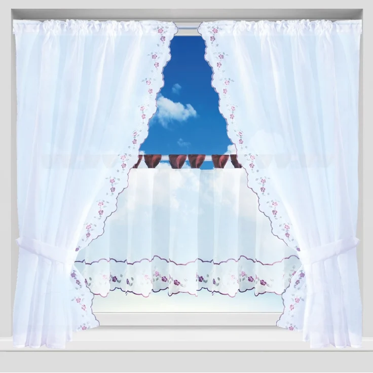 Gardinenset Voile mit Stangendurchzug Serie: Satin, Auswahl: weinrot - Blumen bestickt 5-teilig – Bild 2
