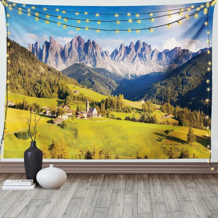ABAKUHAUS Natur Wandteppich und Tagesdecke, Landschaft am Morgen aus Weiches Mikrofaser Stoff Waschbar ohne Verblassen Digitaldruck, 230x140 cm, Grün Grau