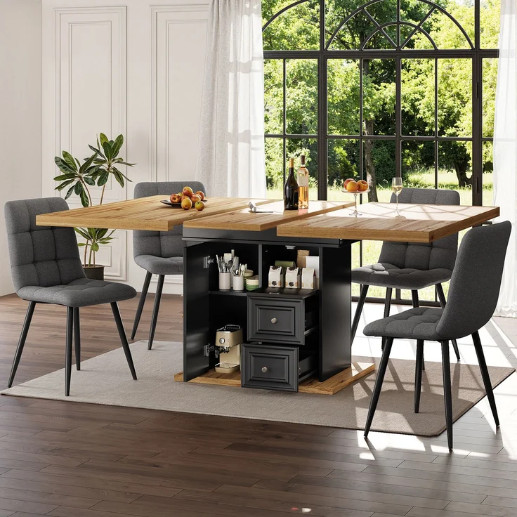Ausziehbarer Esstisch 110/140x80x75 cm, Holzoptik, mit integriertem Stauraum (Tür, 2 Schubladen, Fach) – Bild 4