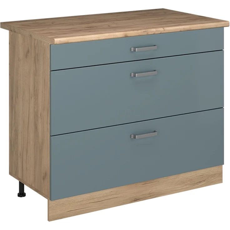 Küchenunterschrank R-Line Blau-Grau/Goldkraft Eiche 100 cm Arbeitsplatte Goldkraft Eiche Vicco – Bild 1