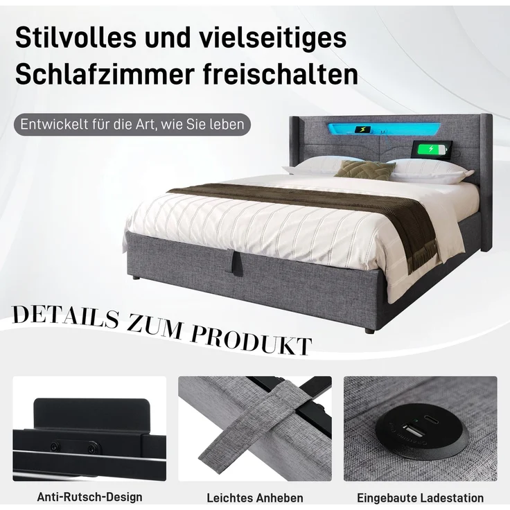 Polsterbett LED Doppelbett mit USB Typ C Ladefunktion und LED-Beleuchtung,Stauraumbetten Bettgestell aus Leinenmaterial Jugendbett 140x200 mit lattenrost(Ohne Matratze) – Bild 5