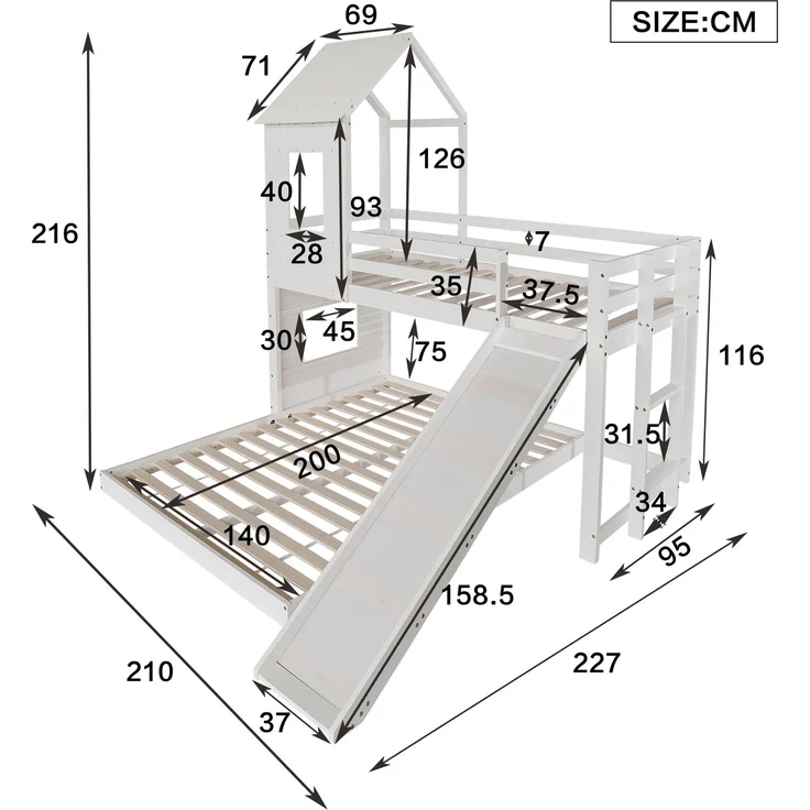 Etagenbett Kinderbett Hausbett mit Rutsche 90×200 & 140×200 cm weißes Kiefer-MDF Hochbett mit Leiter und Spielbereich – Bild 8
