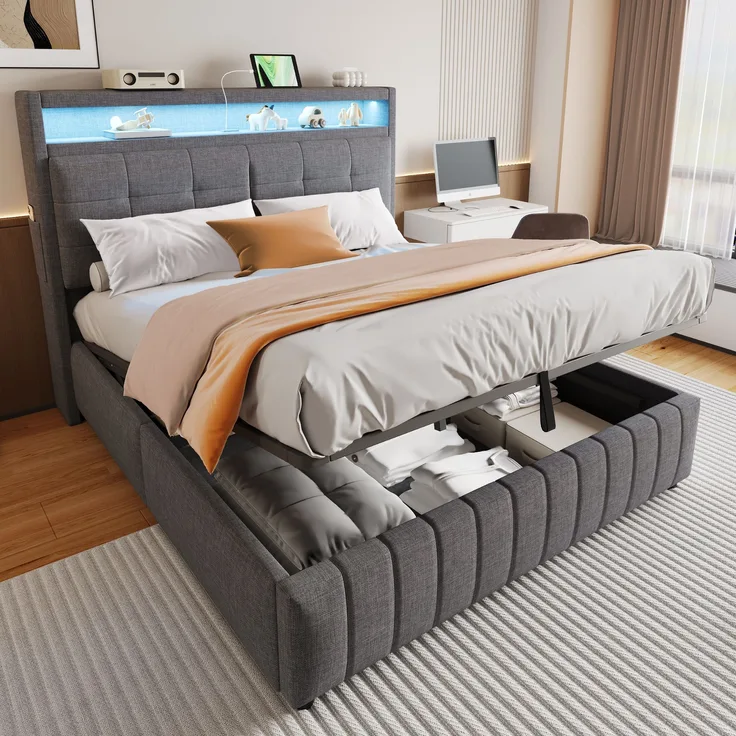 Polsterbett 160x200 cm aus Leinenstoff mit LED-Beleuchtung und hydraulischem Stauraum – modernes, praktisches Design