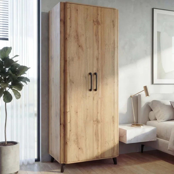 Hochschrank HWC-P42, Garderoben-/Kleiderschrank Kleideraufbewahrung Schrank 2 Türen 216x80x57cm ~ Wotan-Eiche-Optik – Bild 1