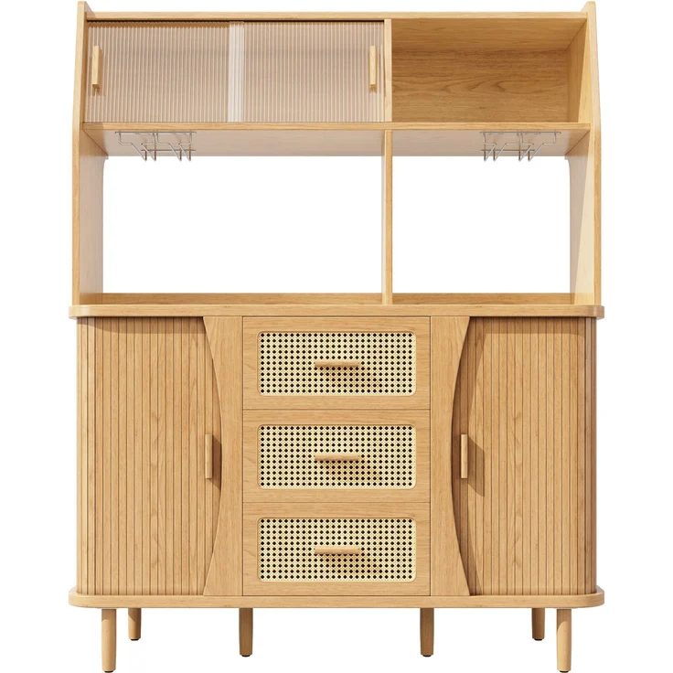 Merax Hochwertiger Buffetschrank mit Rattanoptik & Glasschiebetüren, 174,5cm hoher Küchenschrank mit Stauraum, Naturholz-Optik, belastbar bis 60kg – Bild 9