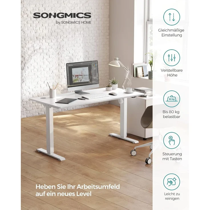 Songmics Höhenverstellbarer Schreibtisch elektrisch, Tischgestell, Schreibtischständer mit Motor, stufenlos verstellbar, 140x70 x (73-114) cm, Stahl, weiß LSD012W01 – Bild 4