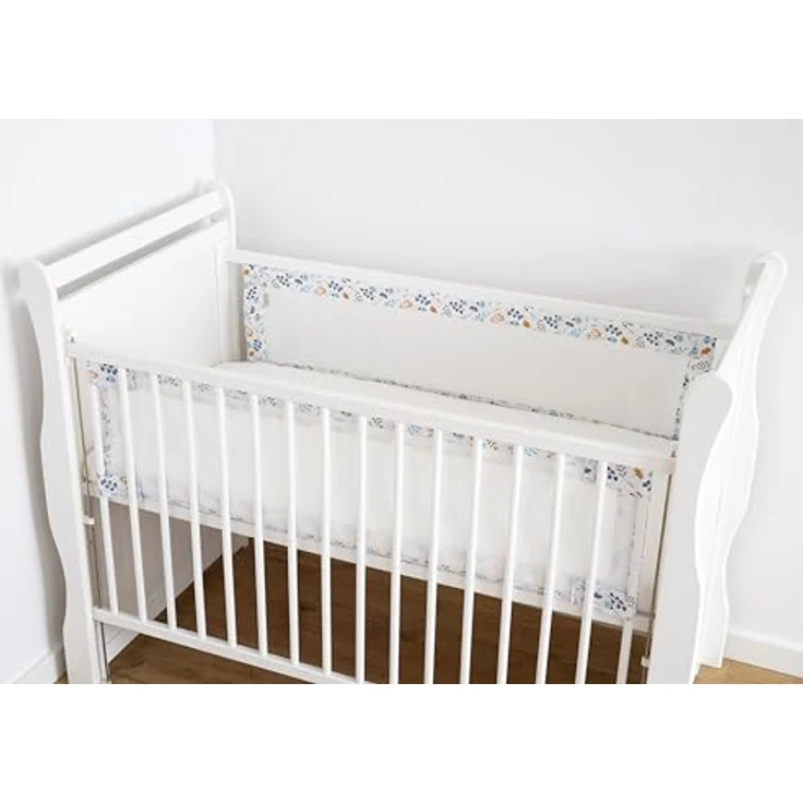 LOOLAY Bettumrandung babybett 60x120 cm – 2 teiliges 110x30 cm Set – Atmungsaktiver 5 mm Netzstoff – Babybett Umrandung mit starkem Klettverschluss – Sicherer gitterbett umrandung (Blau Gelb Blumen) – Bild 2