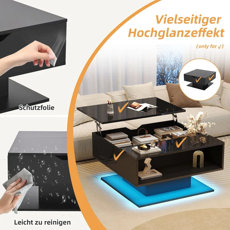 Couchtisch mit LED-Beleuchtung, verstecktem Stauraum und Hochglanzoptik, Lift-Design Sofatisch in Schwarz, mit USB-Anschluss – Bild 9