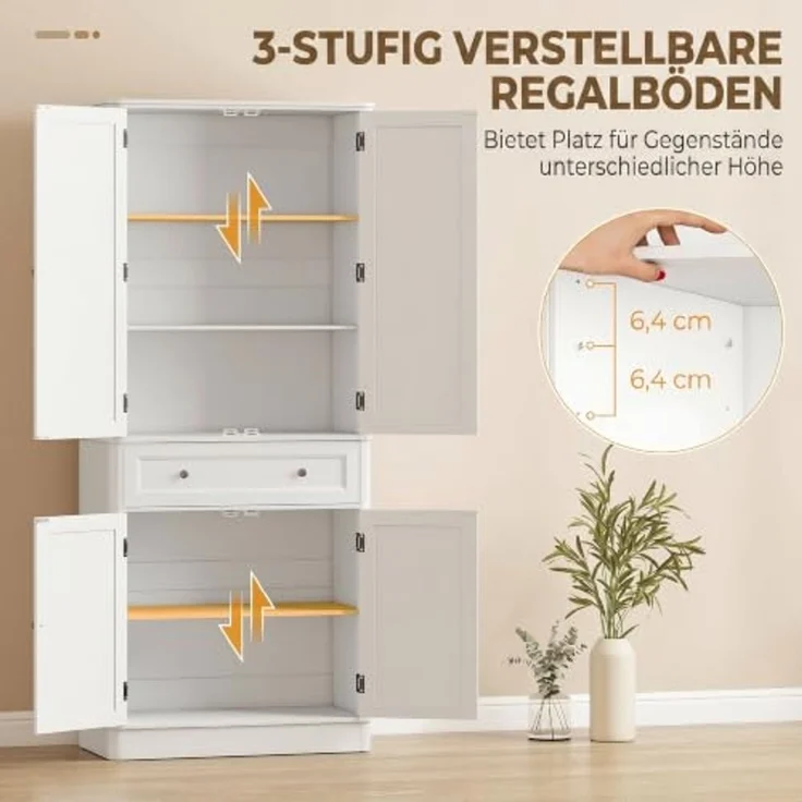 HOMCOM Hochschrank Buffetschrank mit 4 Türen, Schublade, verstellbaren Einlegeböden (Küchenschrank, 1-St, Vorratsschrank) für Küche, Esszimmer, Wohnzimmer Weiß, 80 x 39,5 x 186,4 cm – Bild 5