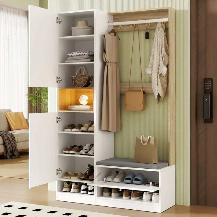 Garderoben-Set B 105 x T 35 x H 180 cm aus Spanplatte mit Sitzbank, Spiegel und LED-Beleuchtung – Bild 3