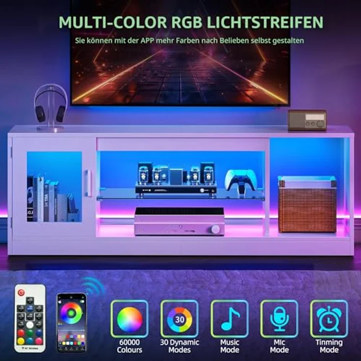 YITAHOME TV Schrank, TV Lowboard LED Weiß - Fernsehschrank Fernsehtisch mit RGB-LED-Leuchten Lowboard und Glasregal Fächern für 65 Zoll & kleinere TVs,für Wohnzimmer Schlafzimmer, B148 x H51 x T32 cm – Bild 4