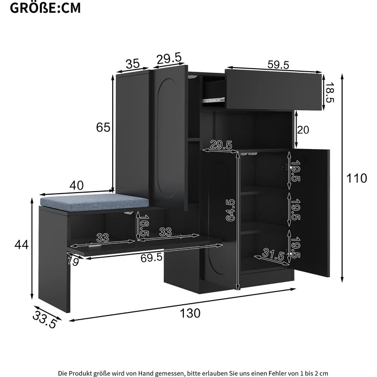 Moderner 2-in-1 Schuhschrank mit Sitzbank Schwarz höhenverstellbare Böden Schuhorganizer für Flur Aufbewahrungsbank mit Sanftschließmechanismus Kippsicherung 130 cm Breite Schuhregal mit Sitzauflage, 130cmx35cmx110cm – Bild 3