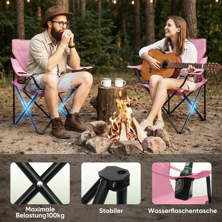 Sunula 2er Set Campingstuhl Faltbar Anglerstuhl Ultraleicht Faltstuhl mit Armlehnen, mit Getränkehalter, mit Tragetasche, bis max. 100 kg, Rosa – Bild 4