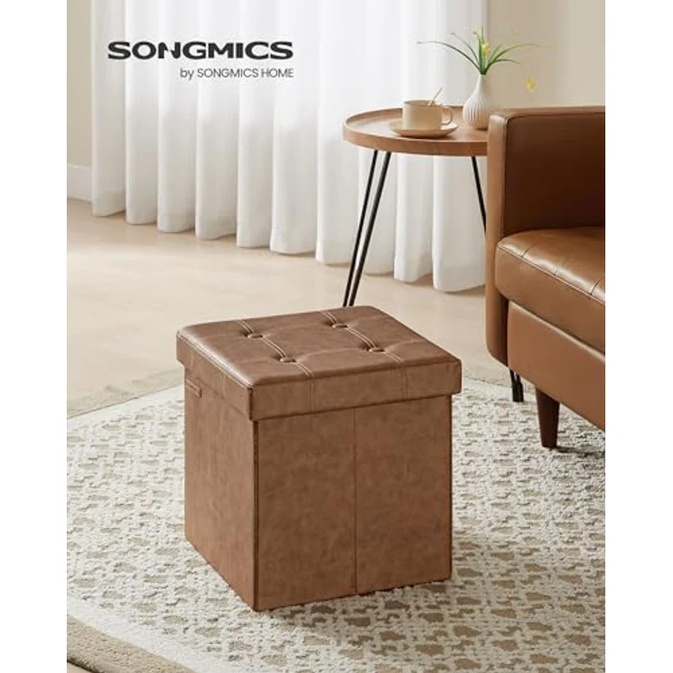 Songmics Sitzhocker 38 cm, Aufbewahrungsbox faltbar, Fußhocker mit Deckel, aus Kunstleder, bis 300 kg belastbar, für Eingang, Wohnzimmer, Schlafzimmer, kaffeebraun LSF030K11 – Bild 3