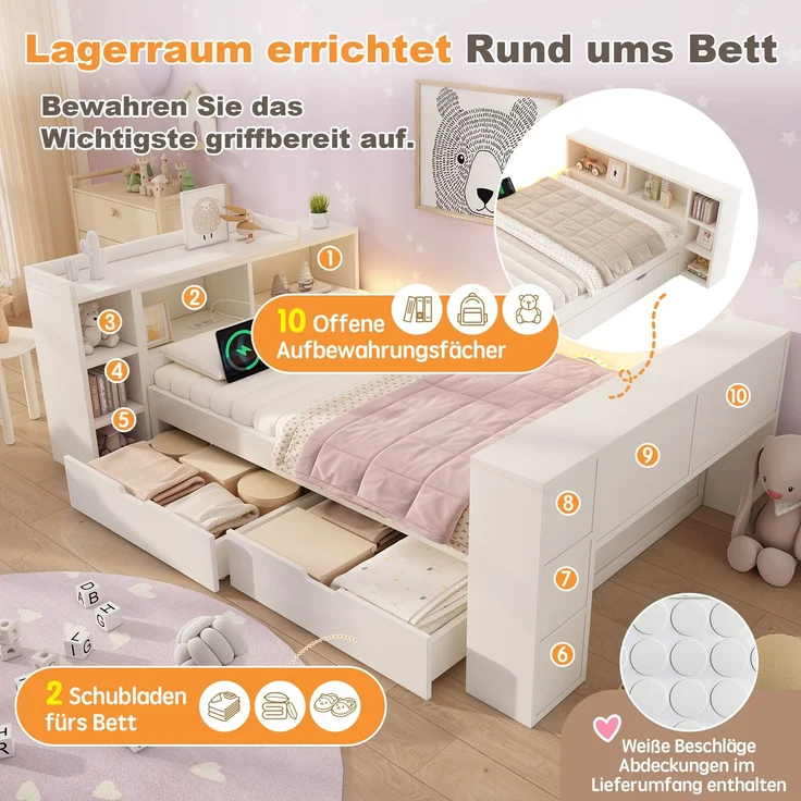 Tagesbett 90x200 cm mit 2 Schubladen, ausziehbarer Tischplatte und LED-Beleuchtung – Weiß (ohne Matratze) – Bild 7