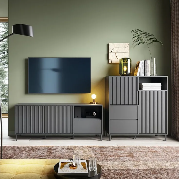 Lomadox Wohnwand AMELIA-129, (2-St, Highboard Lowboard), Lowboard Highboard Anthrazit Grau Rillen