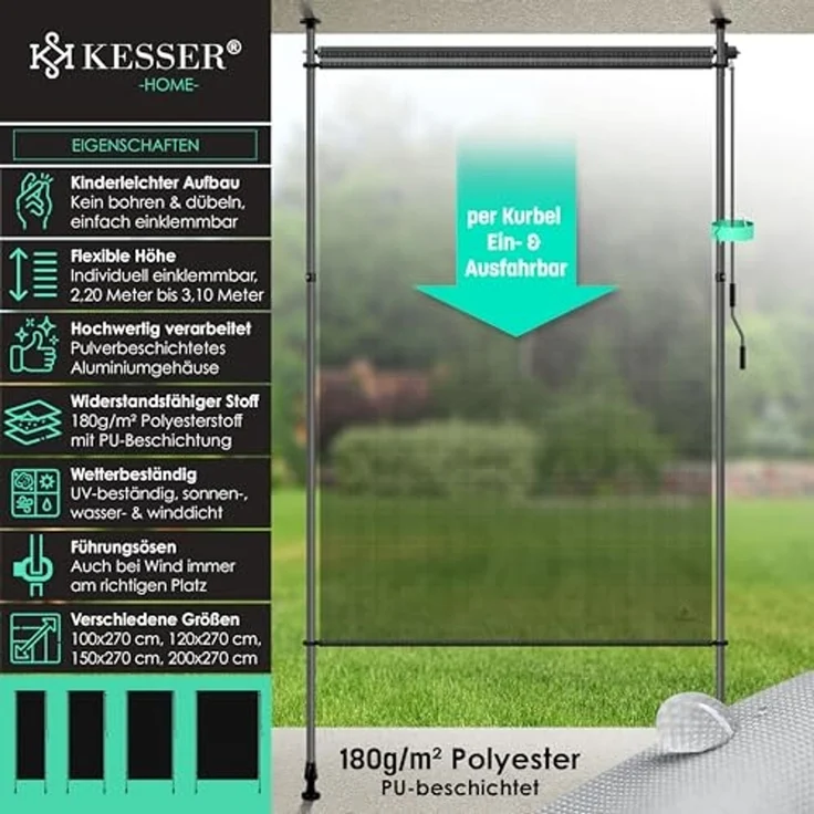KESSER® Klemmmarkise Senkrechtmarkise außen Ausziehbar & Blickdicht | Vertikalmarkise mit Handkurbel ohne Bohren | Balkon-Sichtschutz & Windschutz für Garten & Terrasse Wasserfest 200 x 310 cm, Transparent / Anthrazit – Bild 2