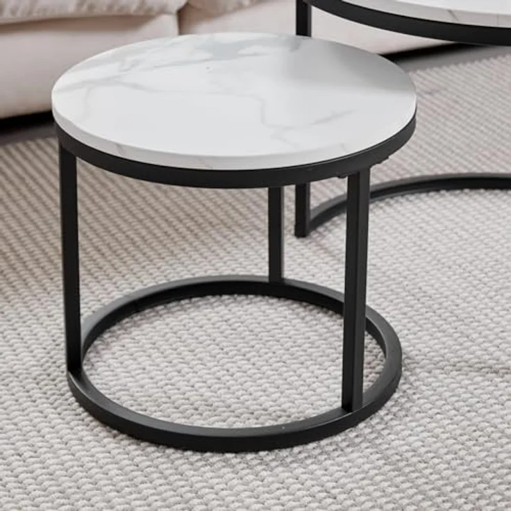 GrandCA HOME Couchtisch 2er Set,Stapelbarer Couchtisch, Couchtische Rund, Marmorierte MDF-Tischplatte, Schwarze Tischbeine aus Edelstahl，Geeignet für Wohnzimmer, Esszimmer（Ø60x45H cm，Ø40x35H cm） – Bild 8