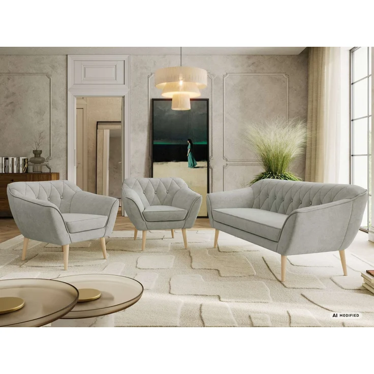 Wohnzimmerset PIRS 1-1-3, Skandinavisches 3-Sitzer Sofa mit Sesseln, Sofa mit Wellenfederung, Buche Füße, Skandinavisches Möbelset - Hellgrau Stukture – Bild 4