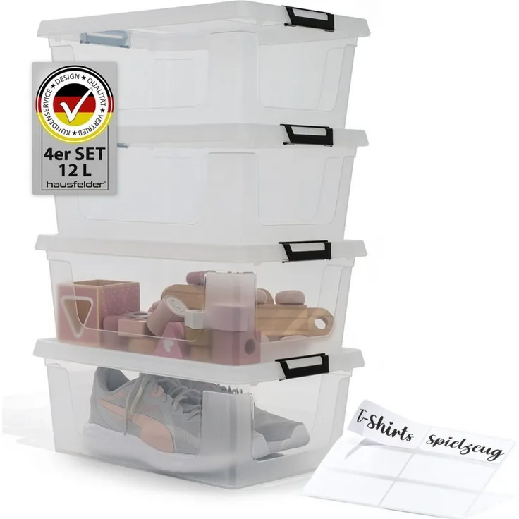 Hausfelder Aufbewahrungsbox Ordnungsboxen mit Deckel und Verschlussclips,12 l, 4 Stück (4er Set, 4 St, 4 Boxen + 4 Deckel), stapelbar, mit Klickverschluss, in drei Größen erhältlich