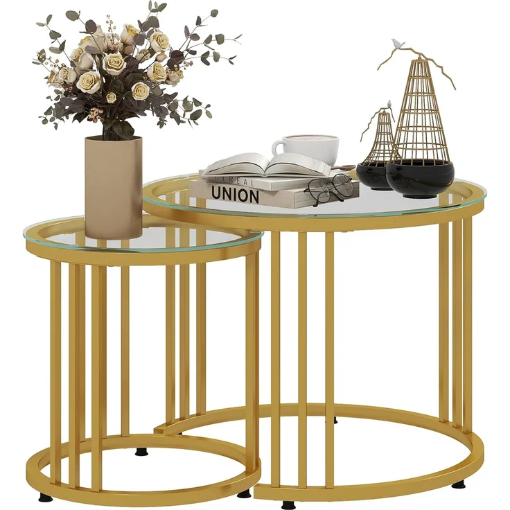 HOMCOM Couchtisch runde Couchtische Set von 2 mit gehärtetem Glas und Stahlrahmen (Beistelltisch, 2-St, Schachteltisch), für Wohnzimmer, Gold – Bild 1