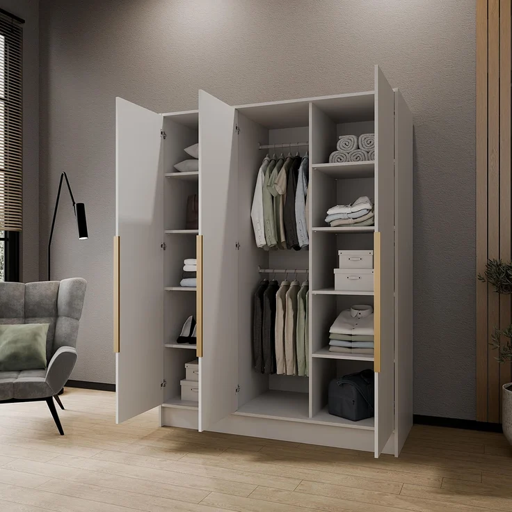 MEBLINI Kleiderschrank LUSINDA 150cm - Weiß Matt - mit goldfarbenen Griffen - Drehtürenschrank mit einem Spiegel - Kleiderstangen und Regalböden – Bild 3