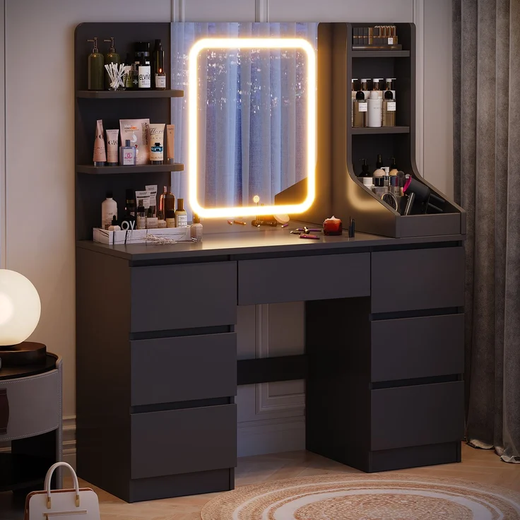 Devoko Schminktisch mit LED-Spiegel, Schubladen, Ablagefächer, Touch-Bedienung, Holzwerkstoff / Glas, Schwarz, 110 x 50 x 140 cm – Bild 2