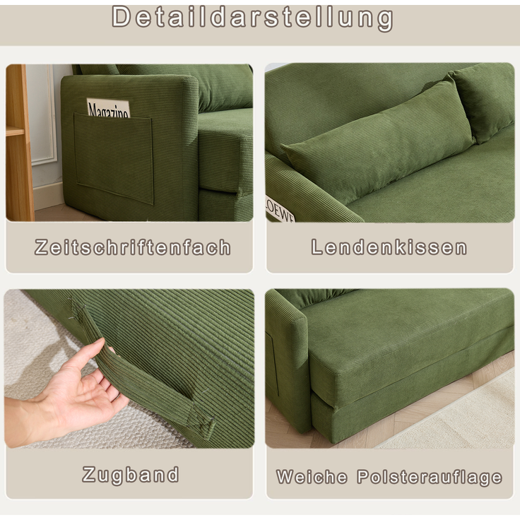 ZUBALIYA Schlafsofa 92x82 cm, mit Stauraum, mit Samtbezug, mit Cordbezug, mit breiten Armlehnen, mit Schaumstoffpolsterung, Grün – Bild 5