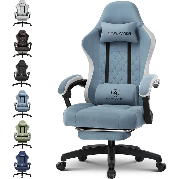 GTPLAYER Gaming Stuhl Ergonomischer Gaming Sessel Schreibtischstuhl mit Stoffoberfläche, Federsitzkissen, Verbindungsarmlehnen und Fußstütze hellblau – Bild 1