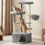 Feandrea Kratzbaum, Katzenbaum, 48,5 x 48,5 x 140,7 cm, Katzenkratzbaum mit großer Kuschelhöhle, großen Plattformen, Plüschbällen, Liegemulde, Taubengrau