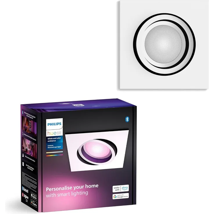 Philips Hue White & Color Ambiance Centura eckige Einbauspots 1-er Pack, dimmbare Deckenlampen für das Hue Lichtsystem mit 16 Mio. Farben, smarte Lichtsteuerung über Sprache und App, weiß
